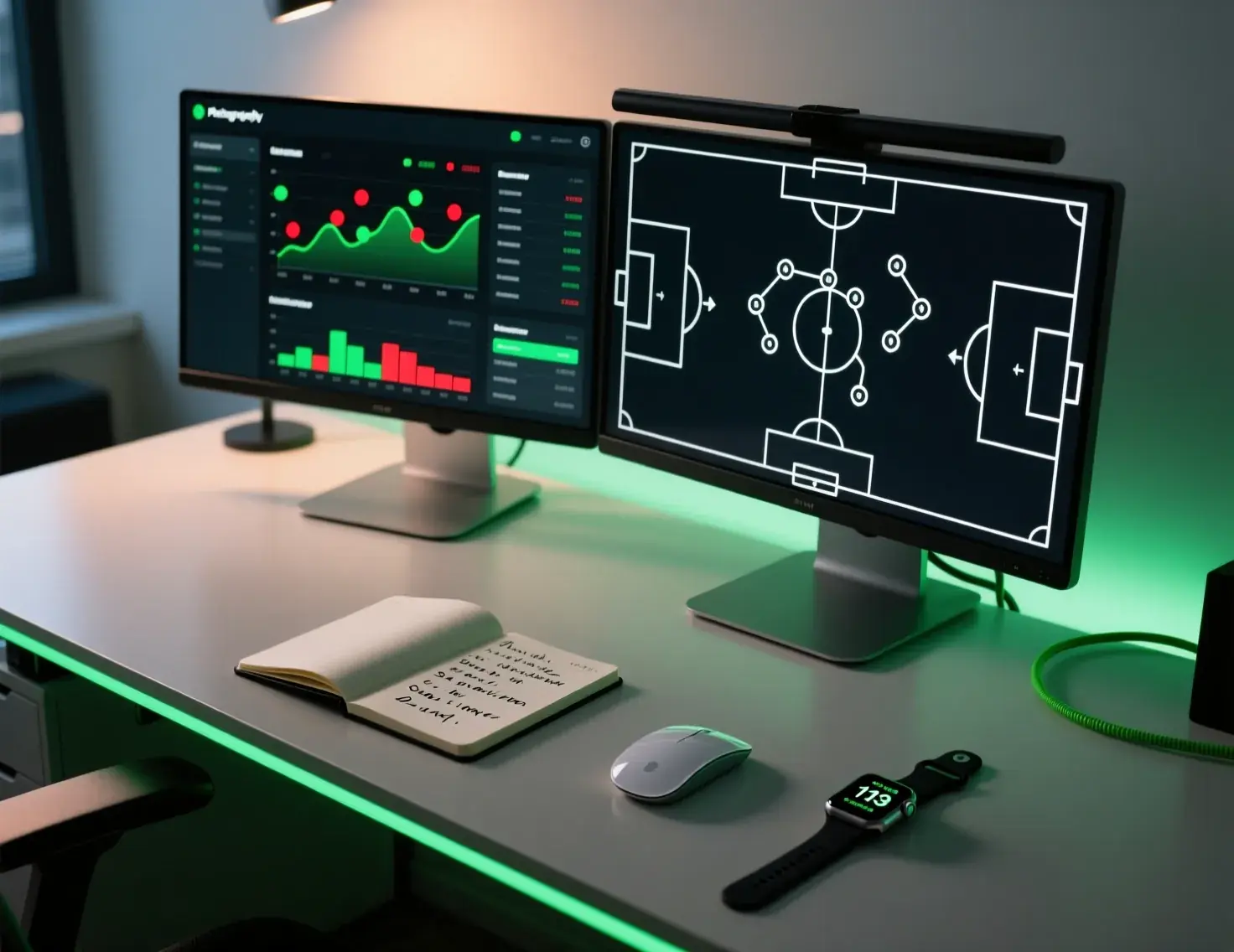 Setup de análise de futebol com estatísticas de equipas e formações táticas em dois monitores