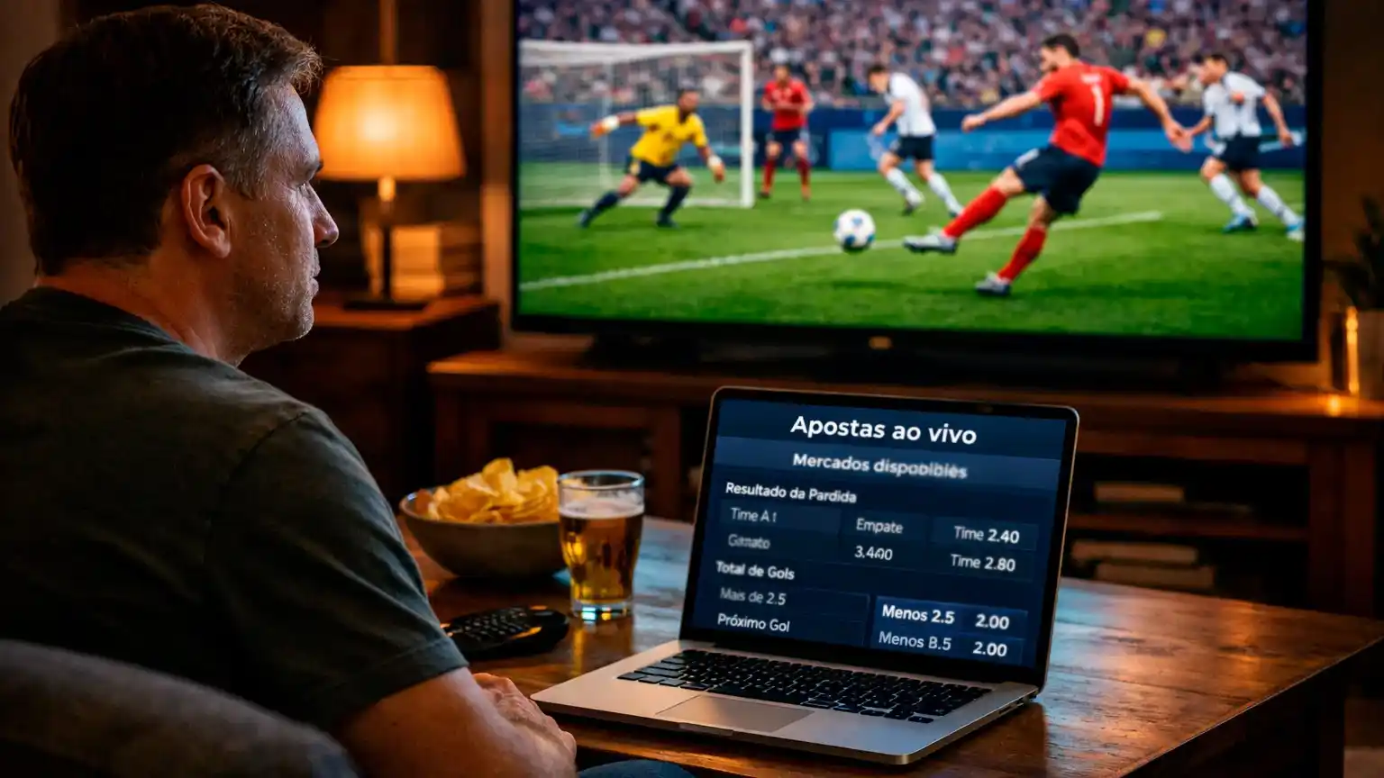 Pessoa a assistir a um jogo de futebol na televisão com portátil ao lado