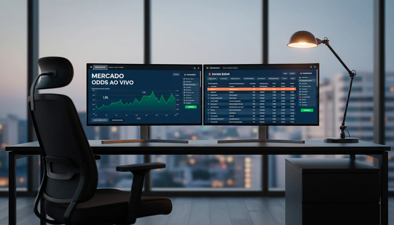Configuração de trading com múltiplos ecrãs mostrando mercados desportivos