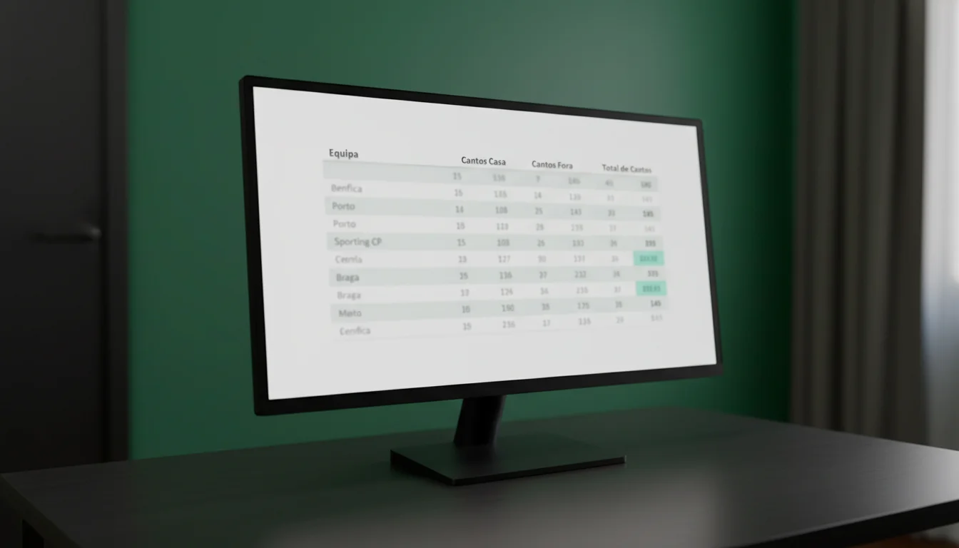 Ecrã de computador mostrando estatísticas de cantos de equipas de futebol