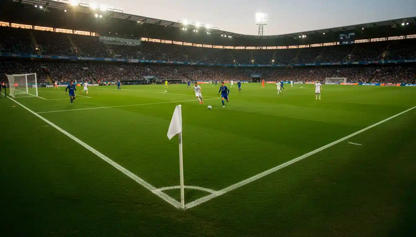 Vista de campo de futebol durante um jogo com bandeirola de canto visível