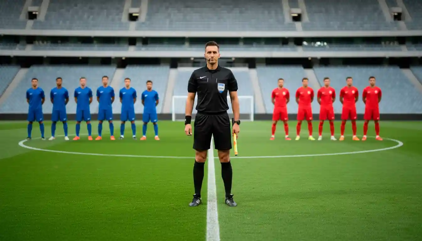 Árbitro de futebol no centro do campo com apito e cartões no bolso
