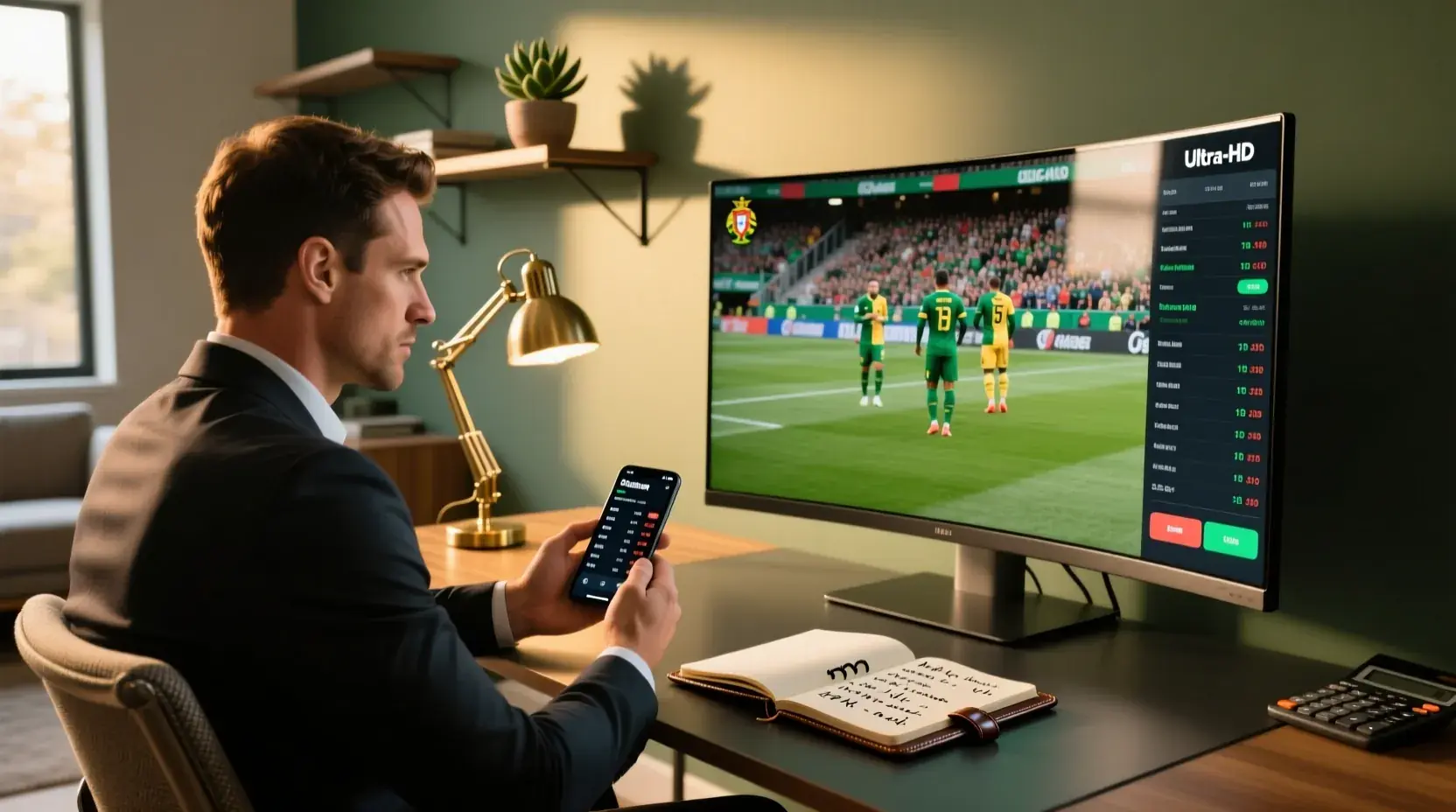 Apostador profissional a analisar jogos de futebol no computador com notas de estratégia