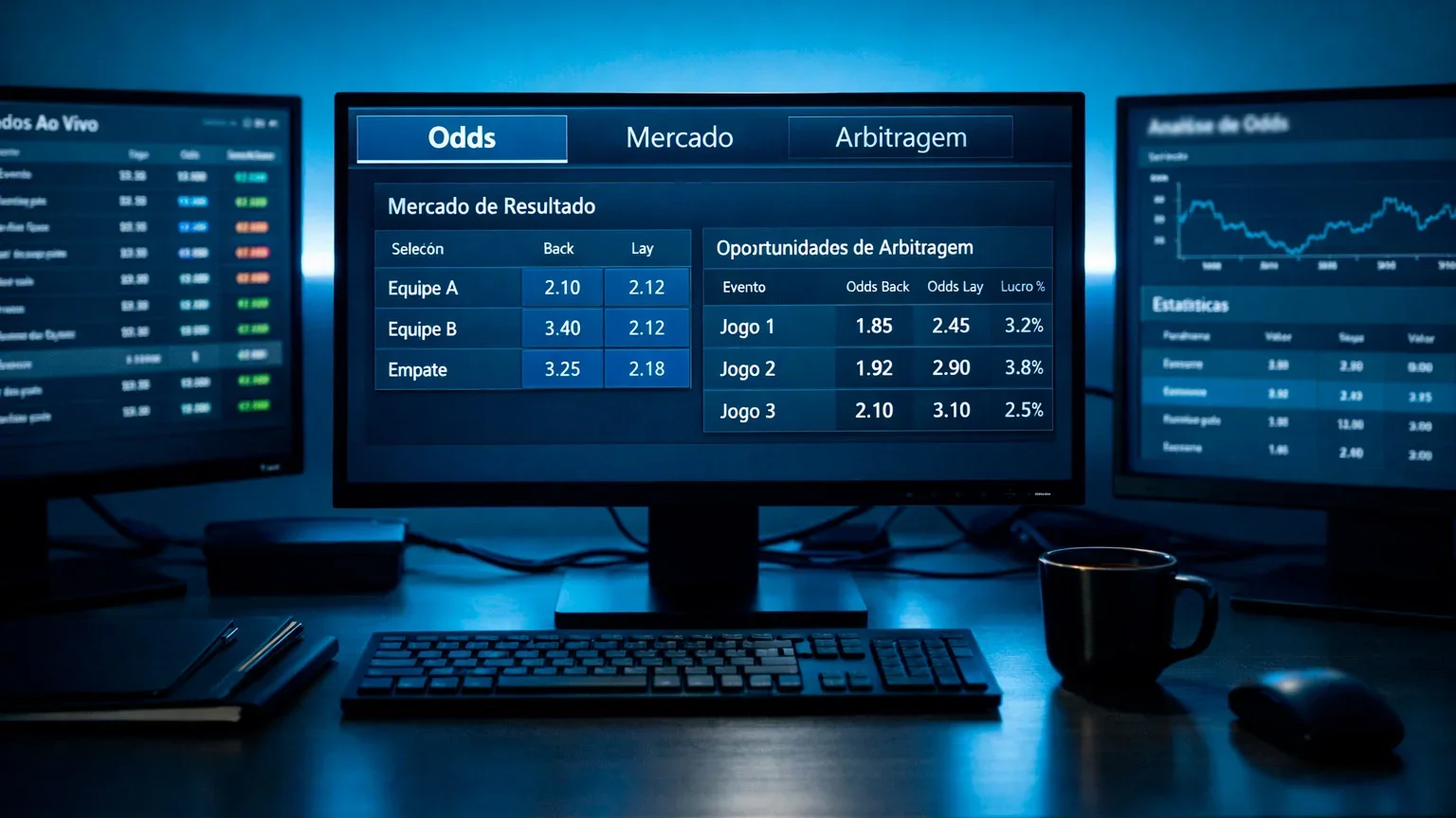 Múltiplos ecrãs de computador mostrando odds de apostas desportivas