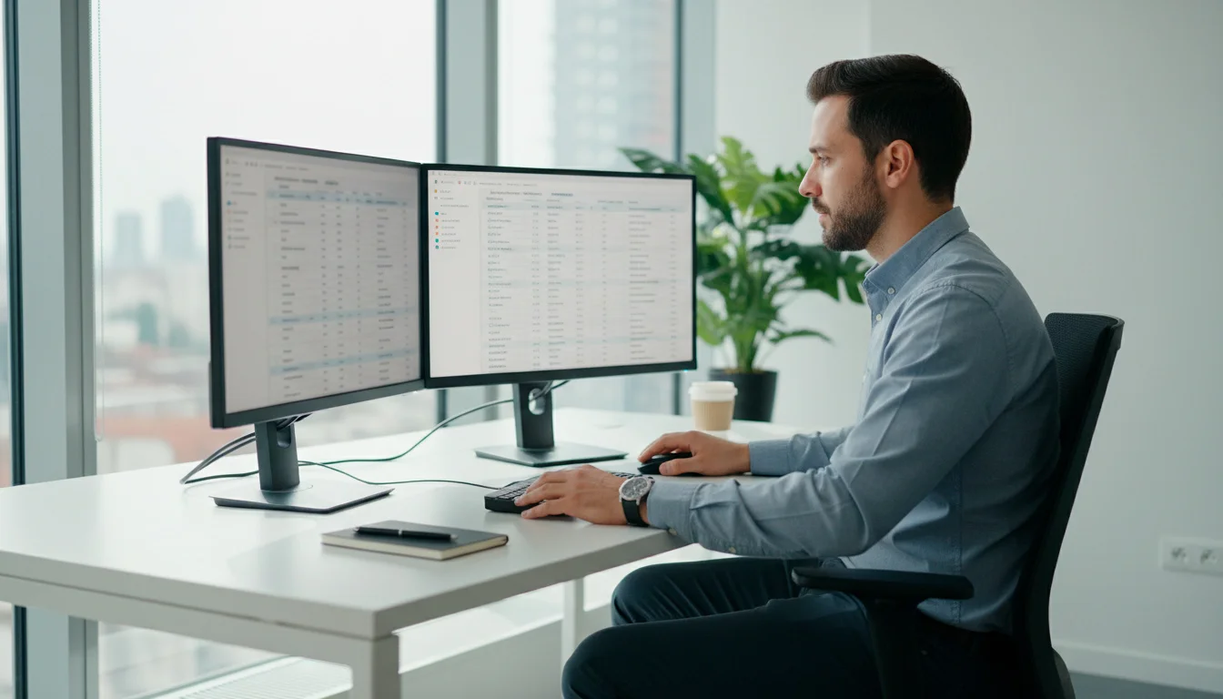 Analista a comparar dados em dois monitores lado a lado