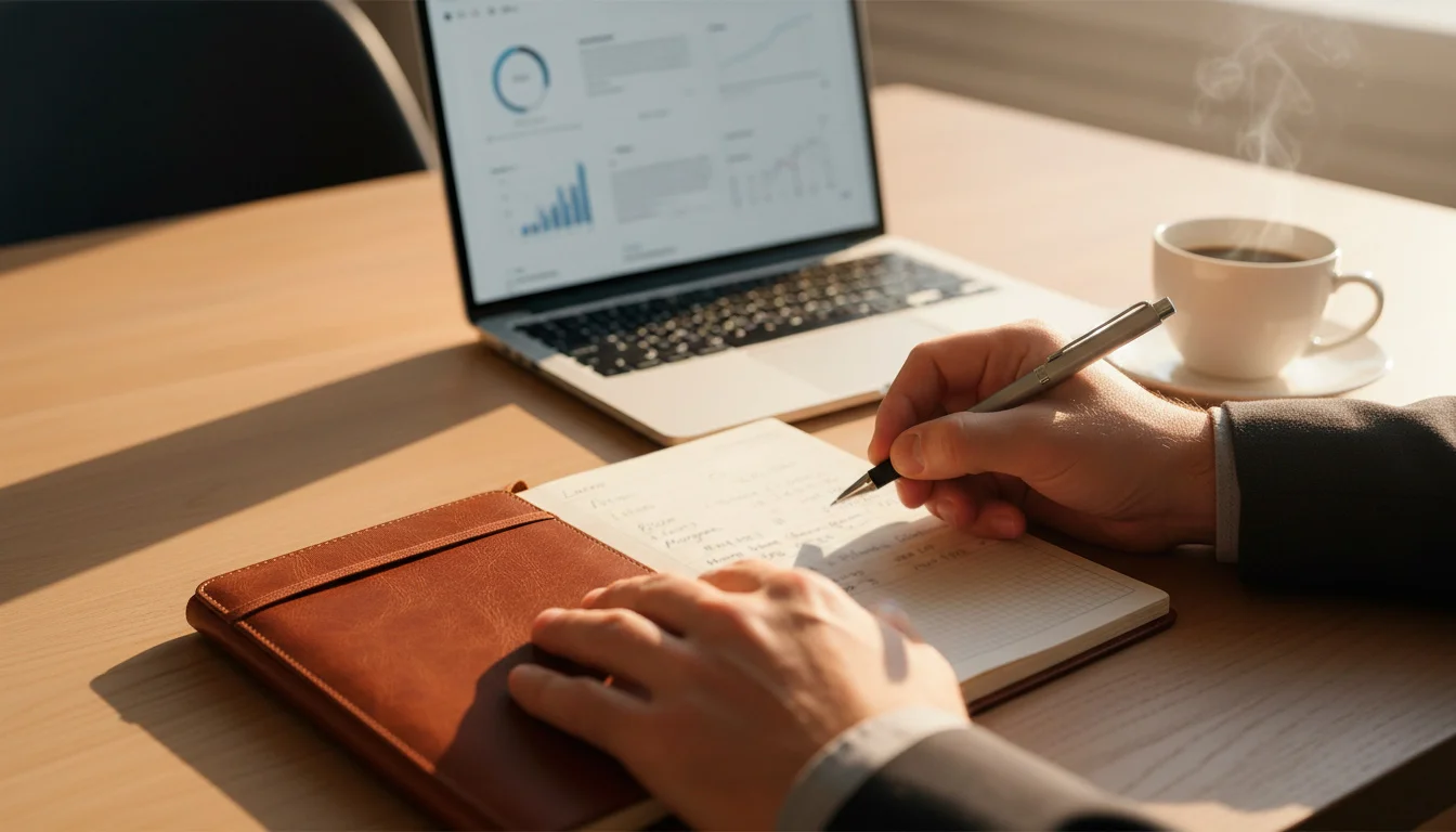 Profissional a tomar notas num caderno junto a um portátil