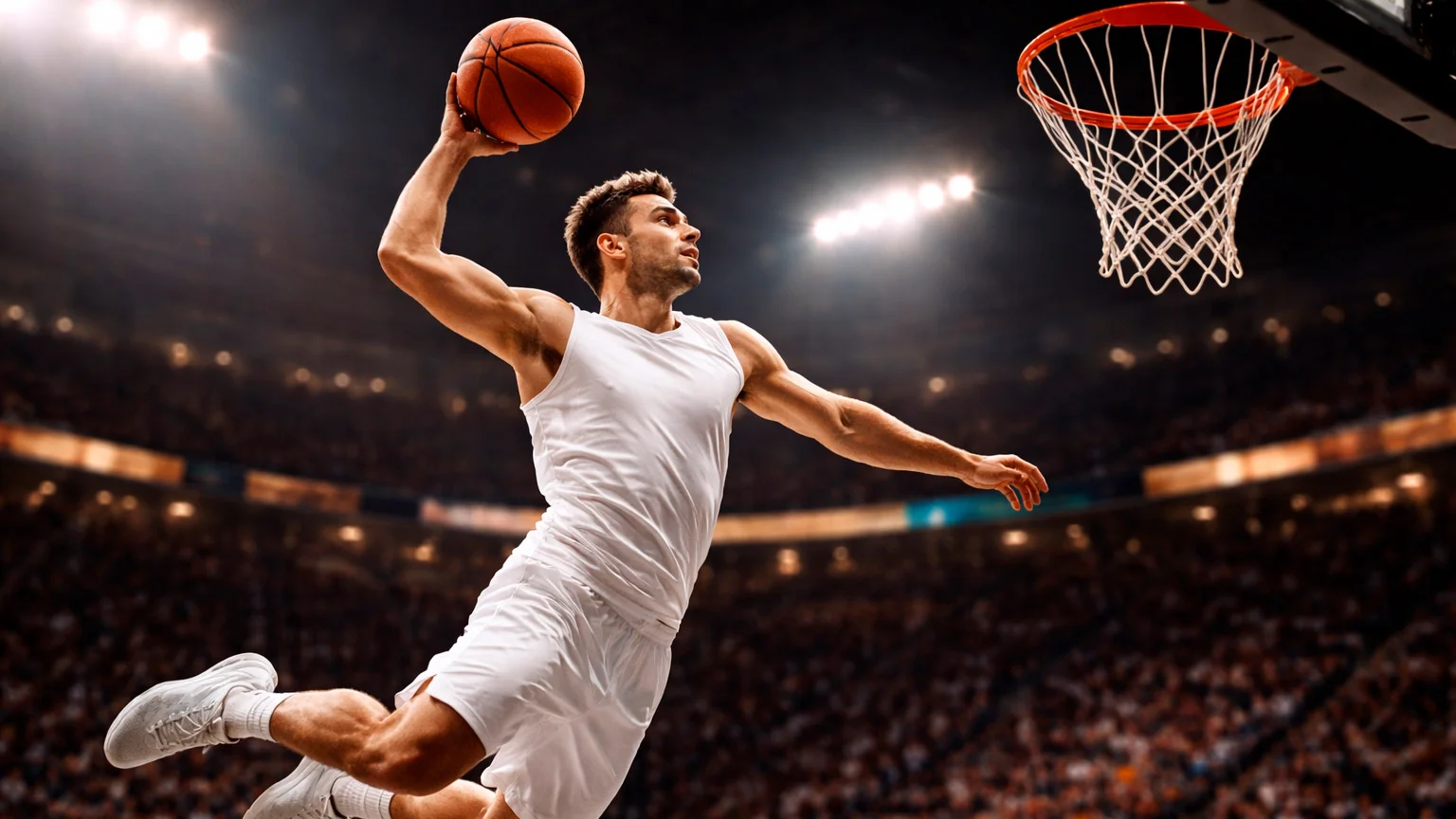 Jogador de basquetebol a lançar a bola ao cesto durante um jogo profissional