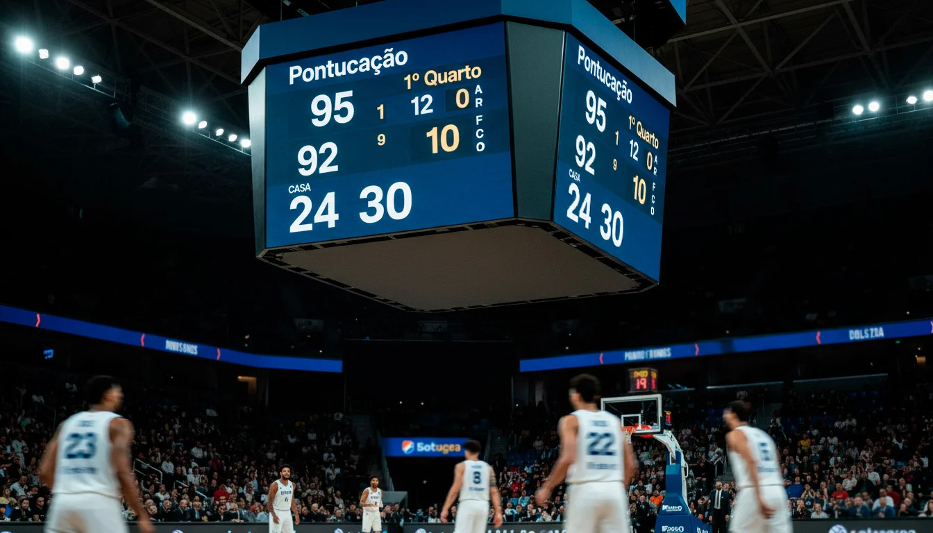 Tabela de resultados de basquetebol com pontuações e estatísticas de equipas