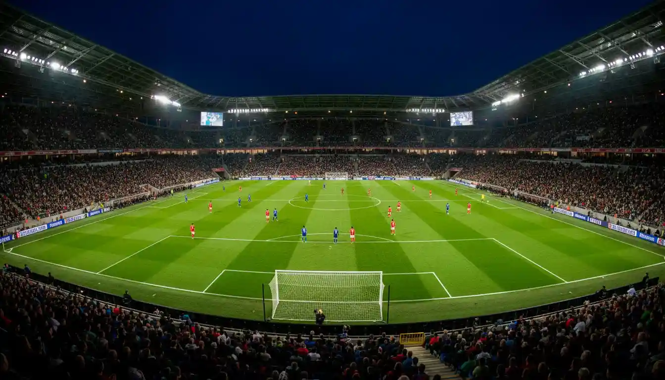 Vista panorâmica de estádio de futebol durante um jogo nocturno