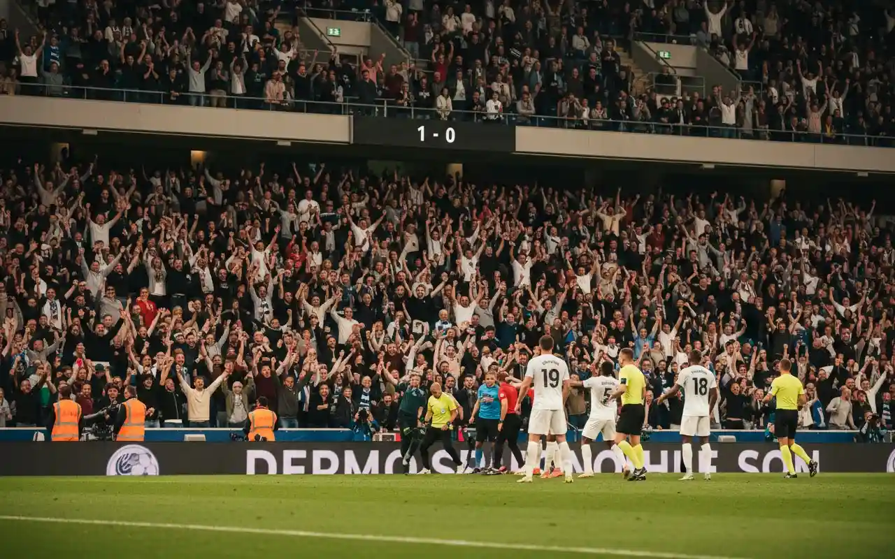 Adeptos felizes a celebrar numa bancada de estádio