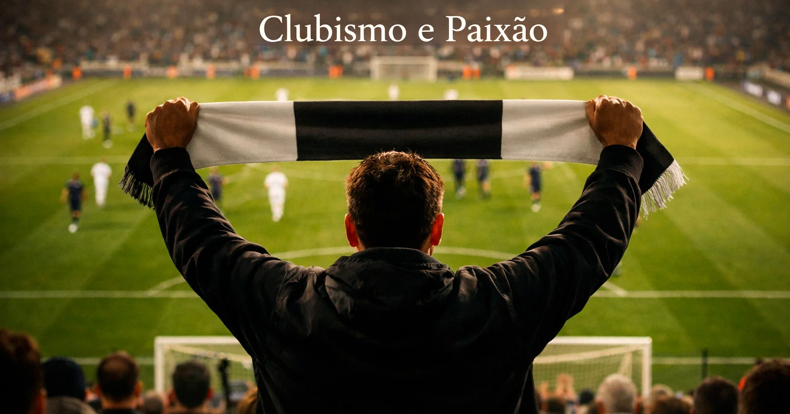 Adepto de futebol com cachecol nas mãos a olhar para o relvado do estádio