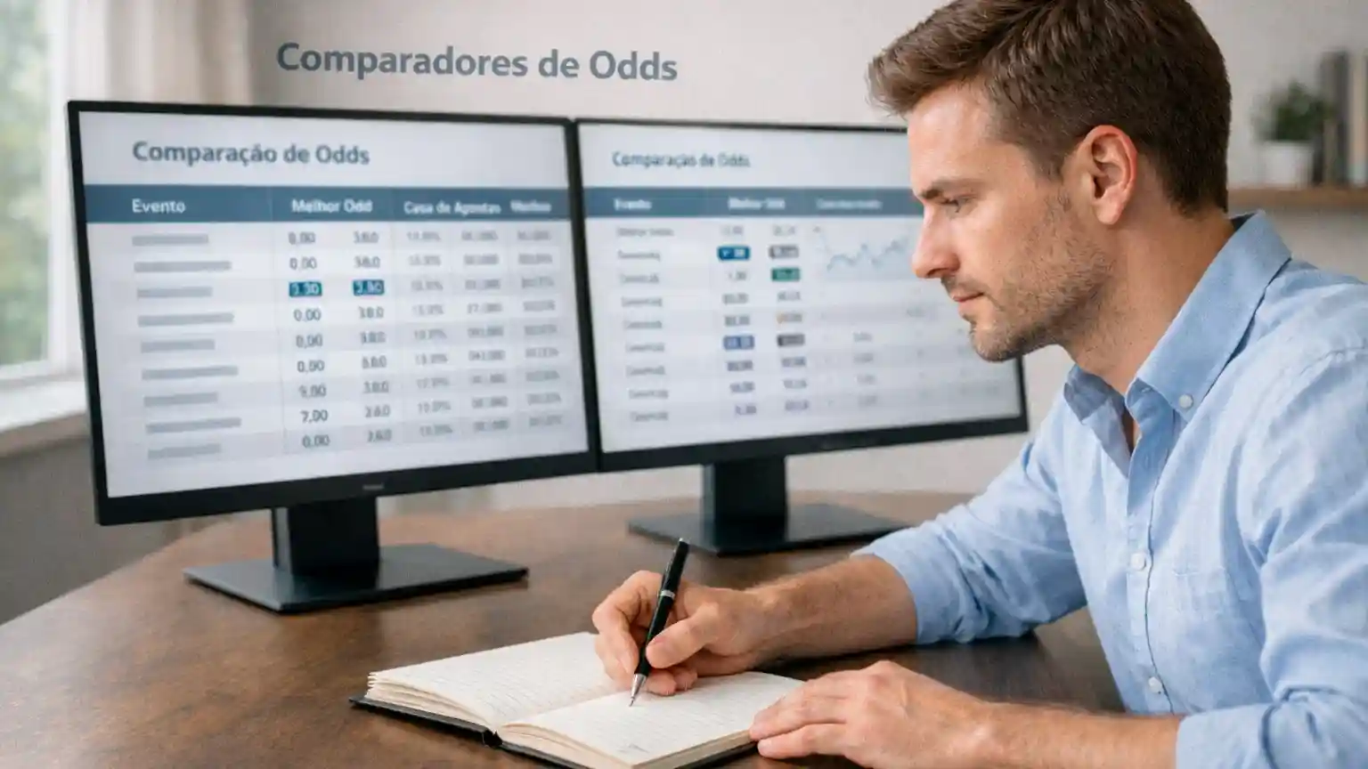 Apostador a analisar múltiplos ecrãs com cotações de apostas desportivas