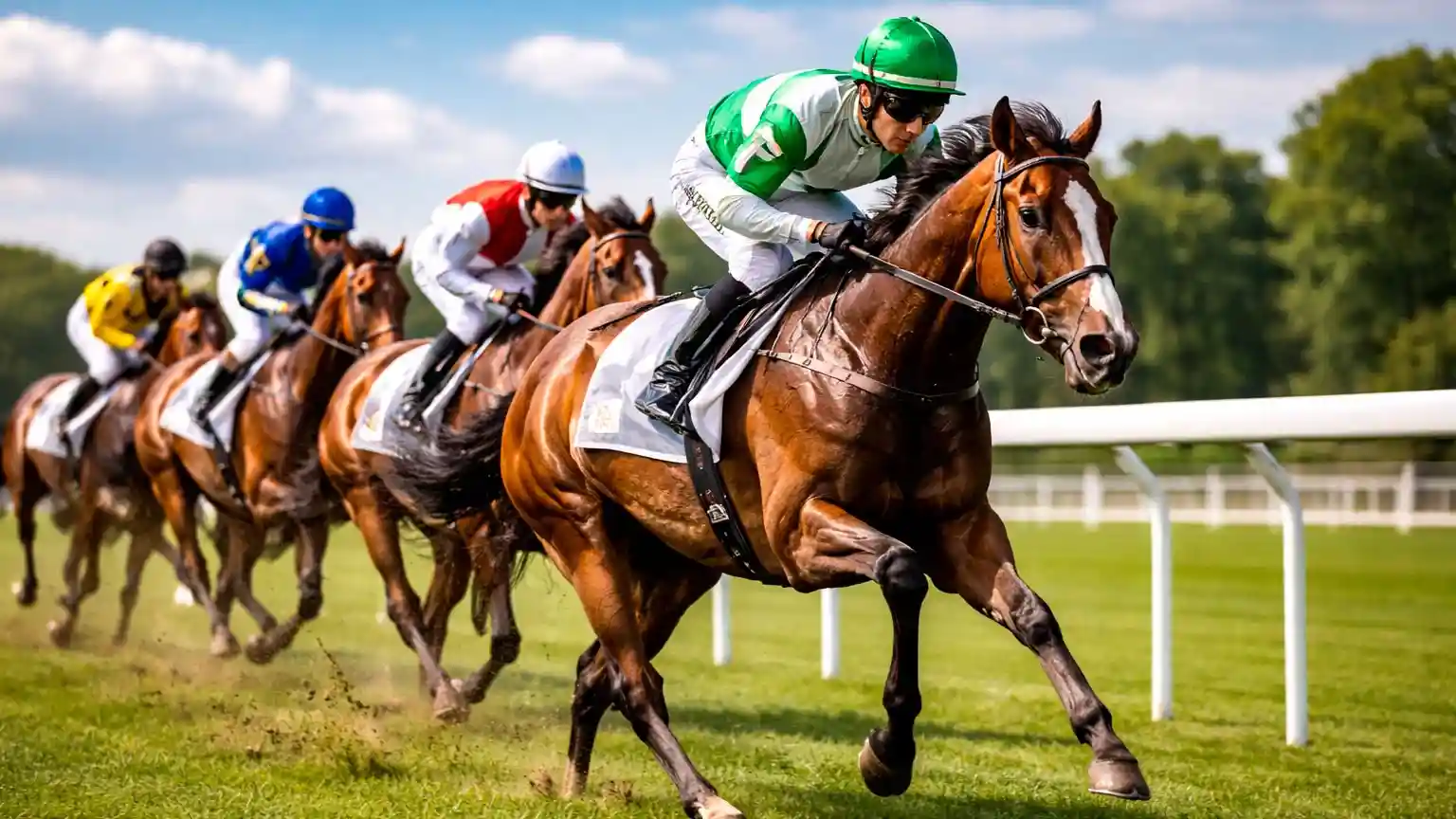Cavalos de corrida a galope numa pista de relva durante uma competição