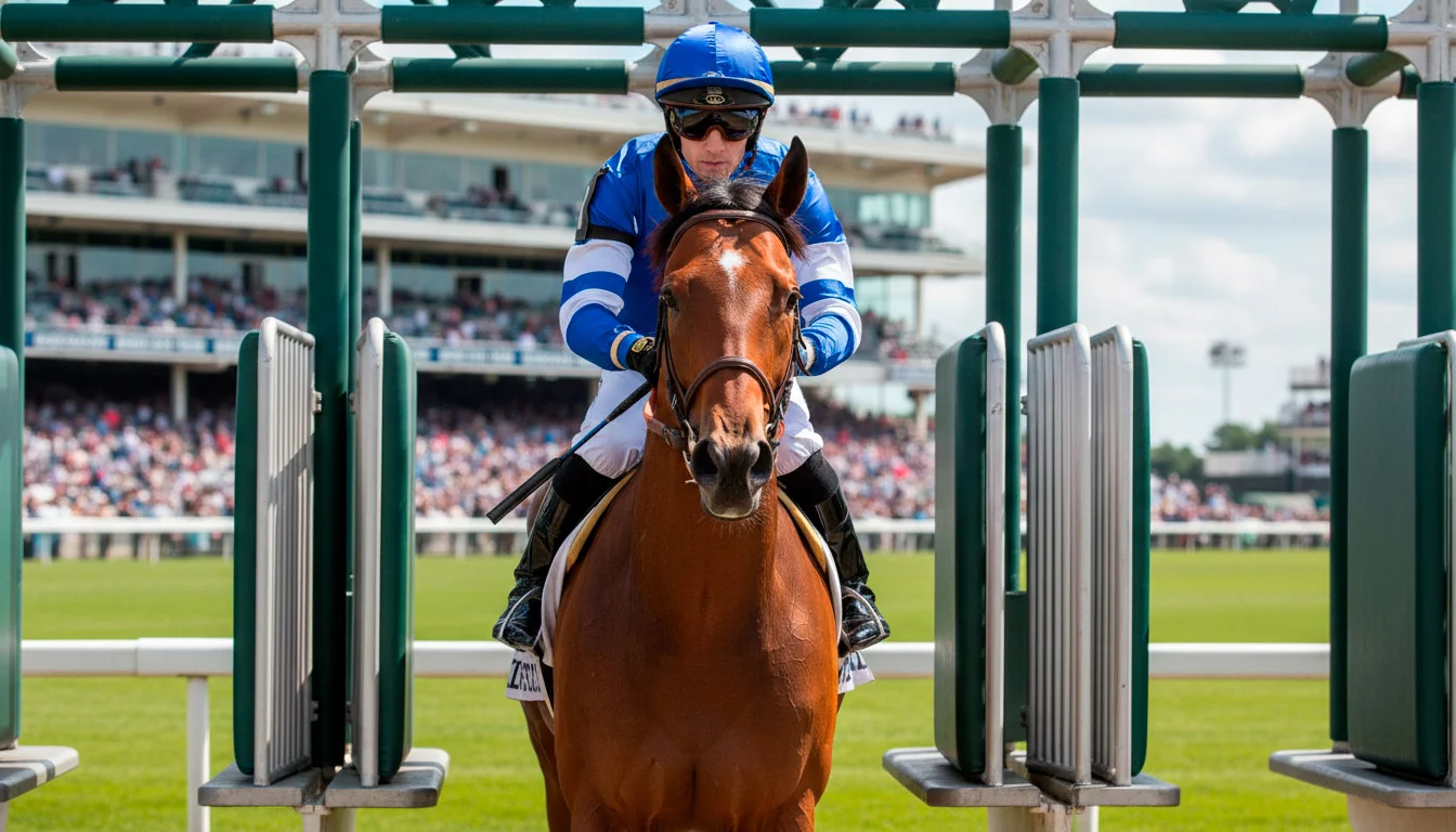 Jockey montado num cavalo de corrida junto à linha de partida