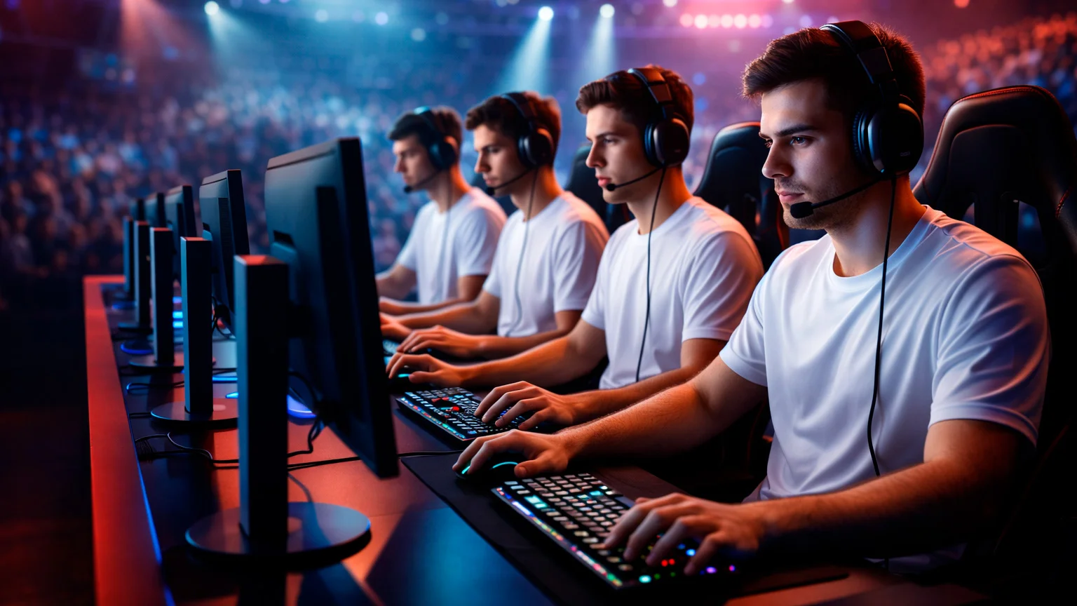 Jogadores profissionais de esports a competir num torneio com monitores e equipamento gaming