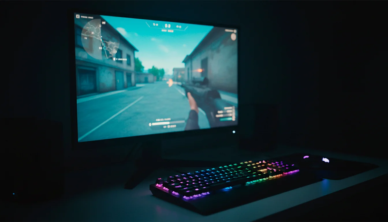 Configuração de gaming profissional com monitor a mostrar jogo de tiros em primeira pessoa
