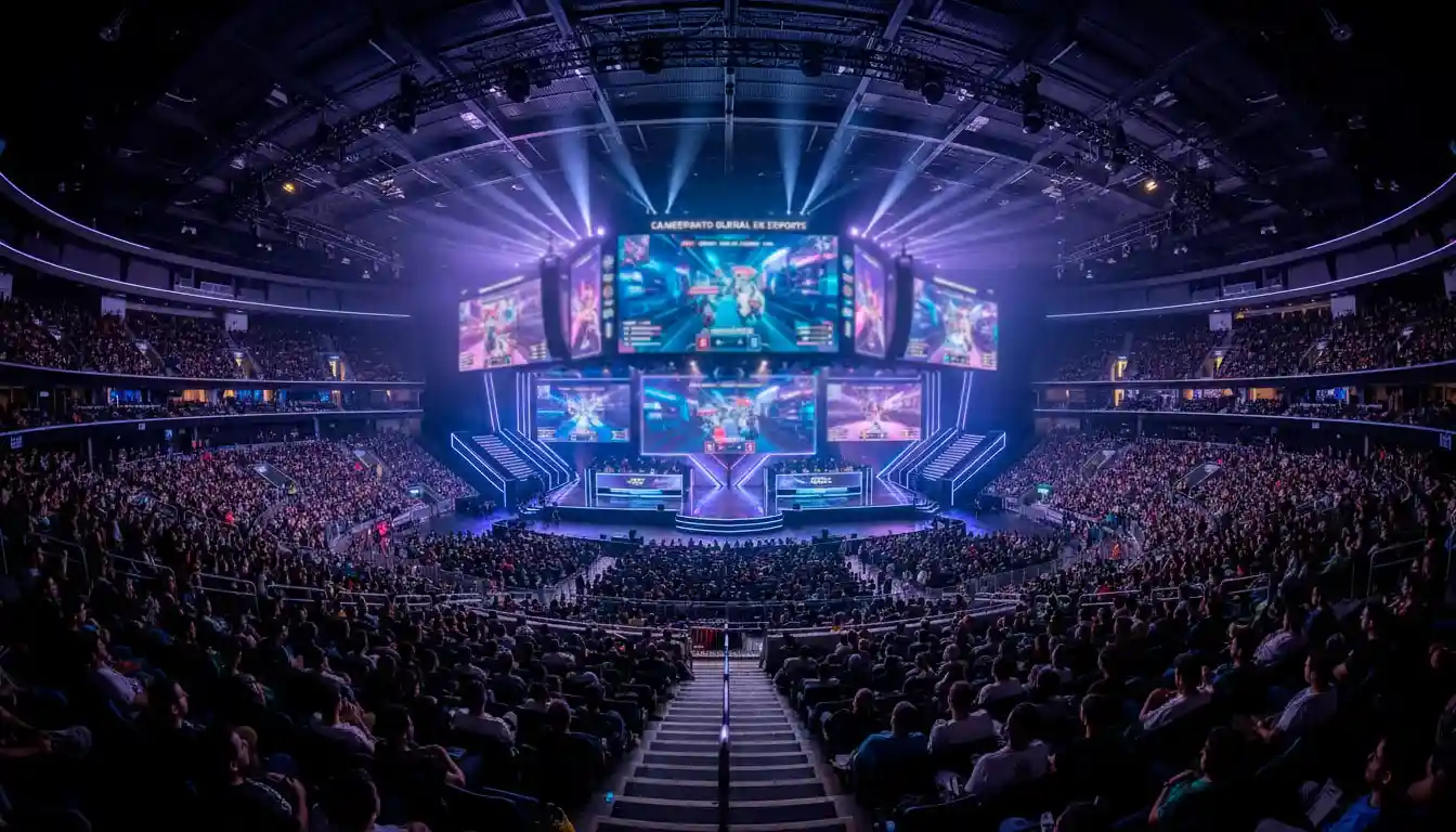 Arena de esports profissional com palco iluminado e ecrãs grandes a mostrar competição