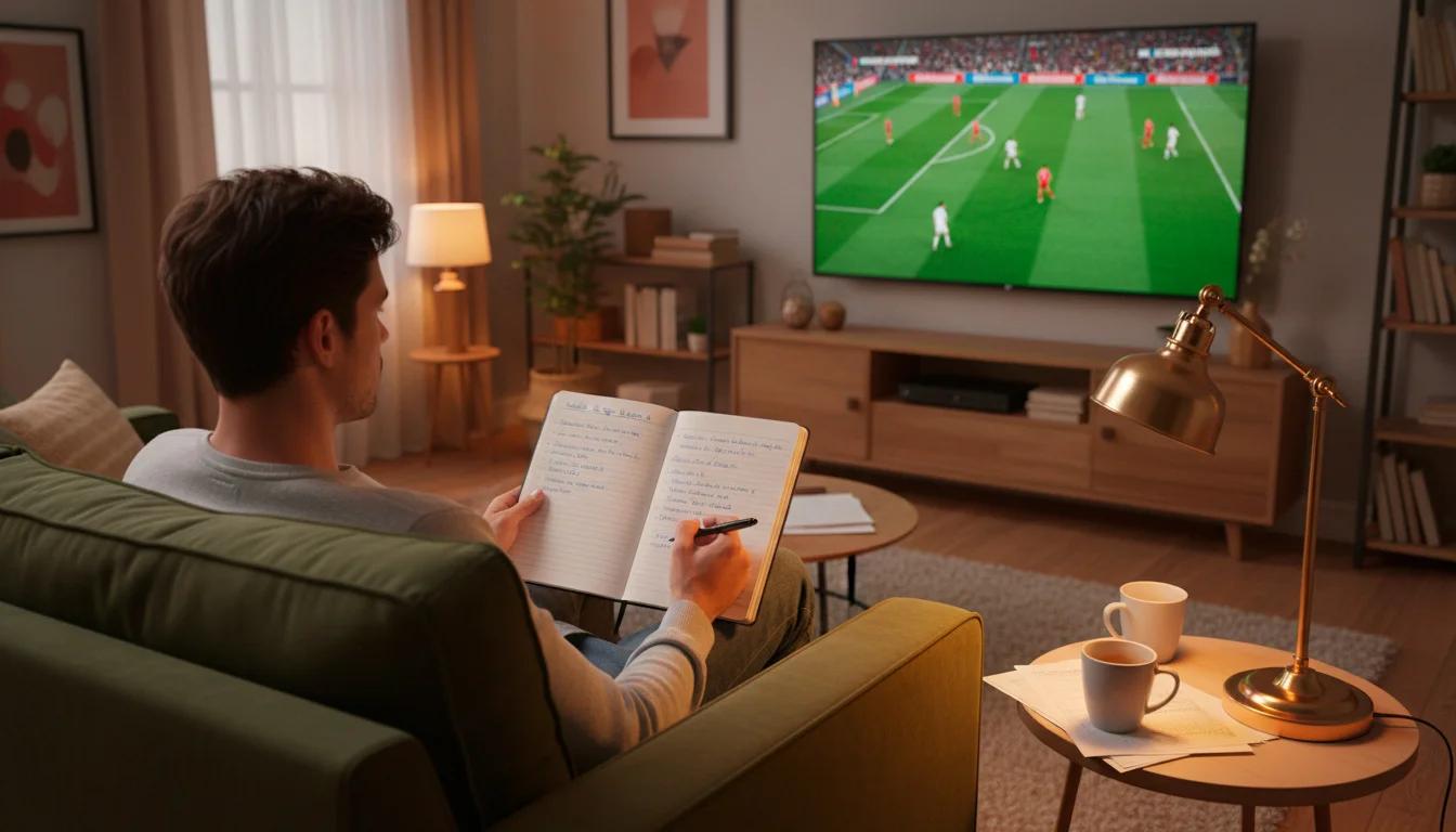 Pessoa a assistir a um jogo de futebol num ecrã enquanto toma notas