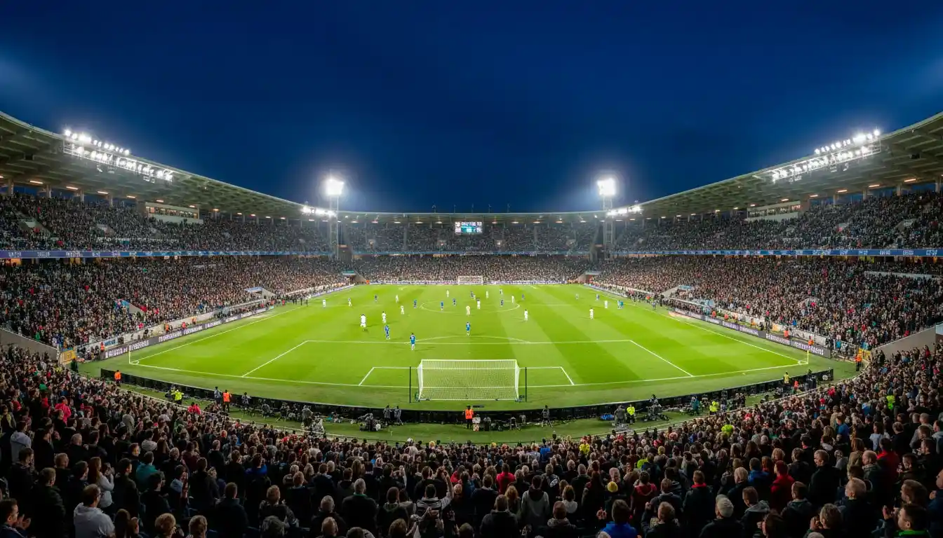 Vista panorâmica de um estádio de futebol lotado durante um jogo noturno