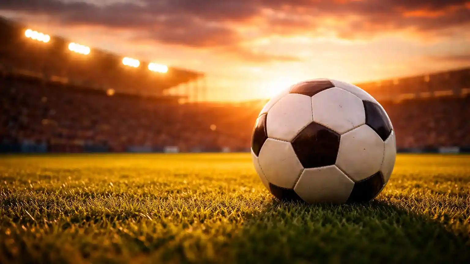 Bola de futebol no relvado de um estádio ao pôr do sol