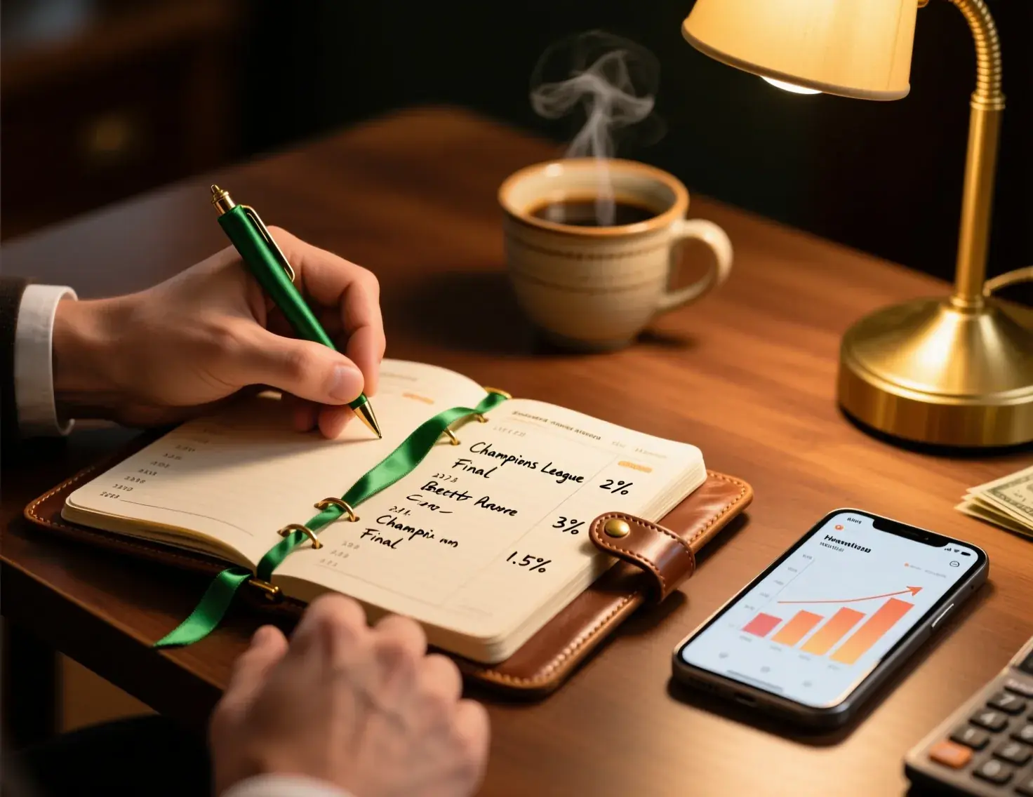 Caderno de registo de apostas com controlo de banca e gráfico de progresso no telemóvel