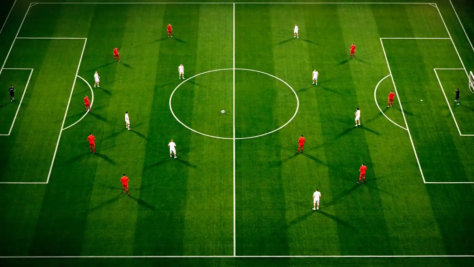 Campo de futebol visto de cima com linhas marcadas durante um jogo