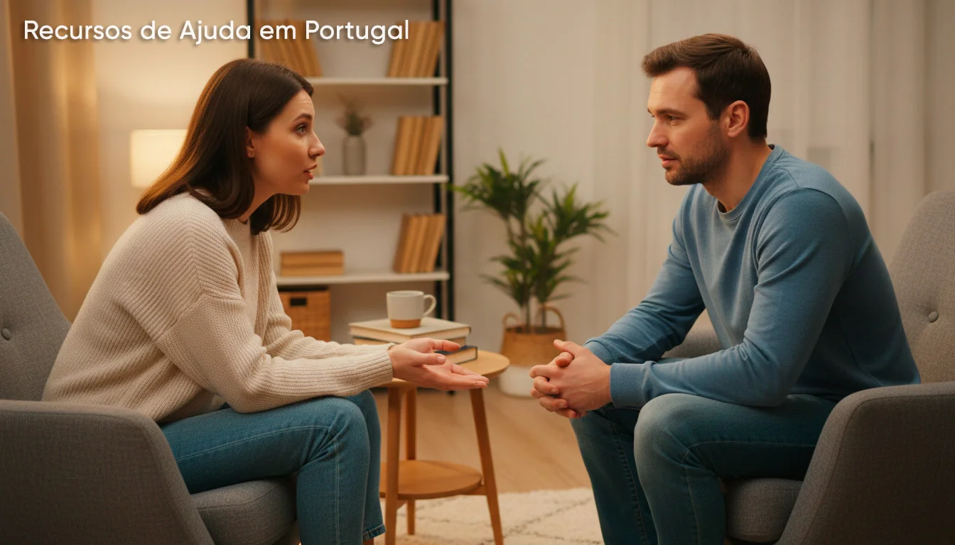 Duas pessoas numa conversa de apoio, uma a ouvir atentamente a outra