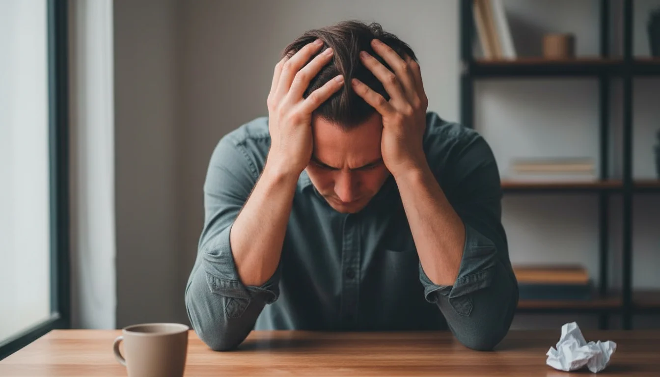 Mãos a segurar a cabeça em gesto de stress e preocupação
