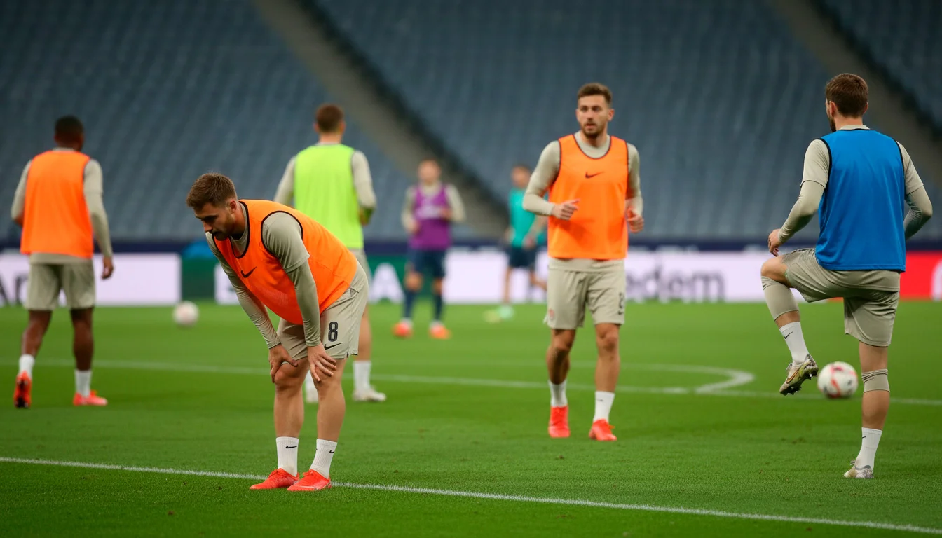 Jogadores suplentes a aquecer junto à linha lateral do campo