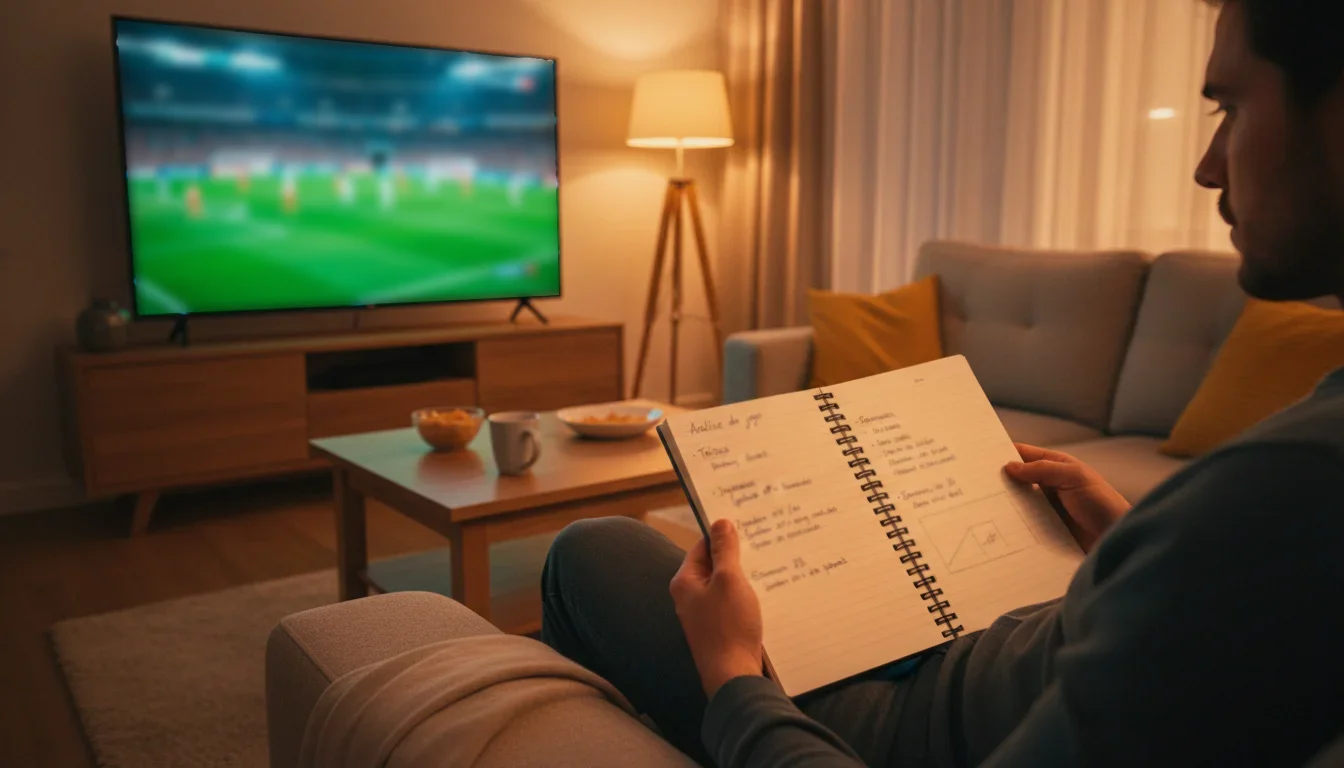 Pessoa a ver um jogo de futebol português na televisão enquanto toma notas