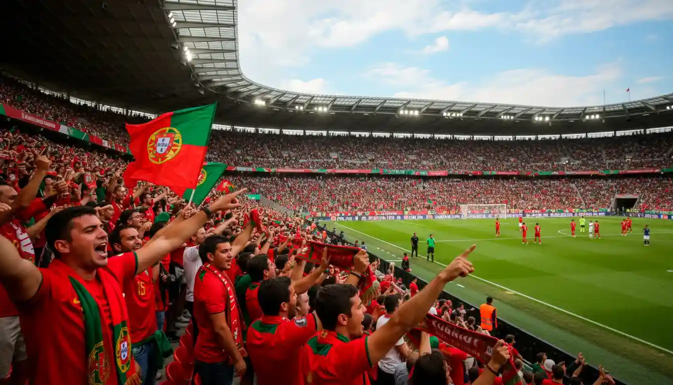 Adeptos portugueses a apoiar a sua equipa nas bancadas de um estádio de futebol
