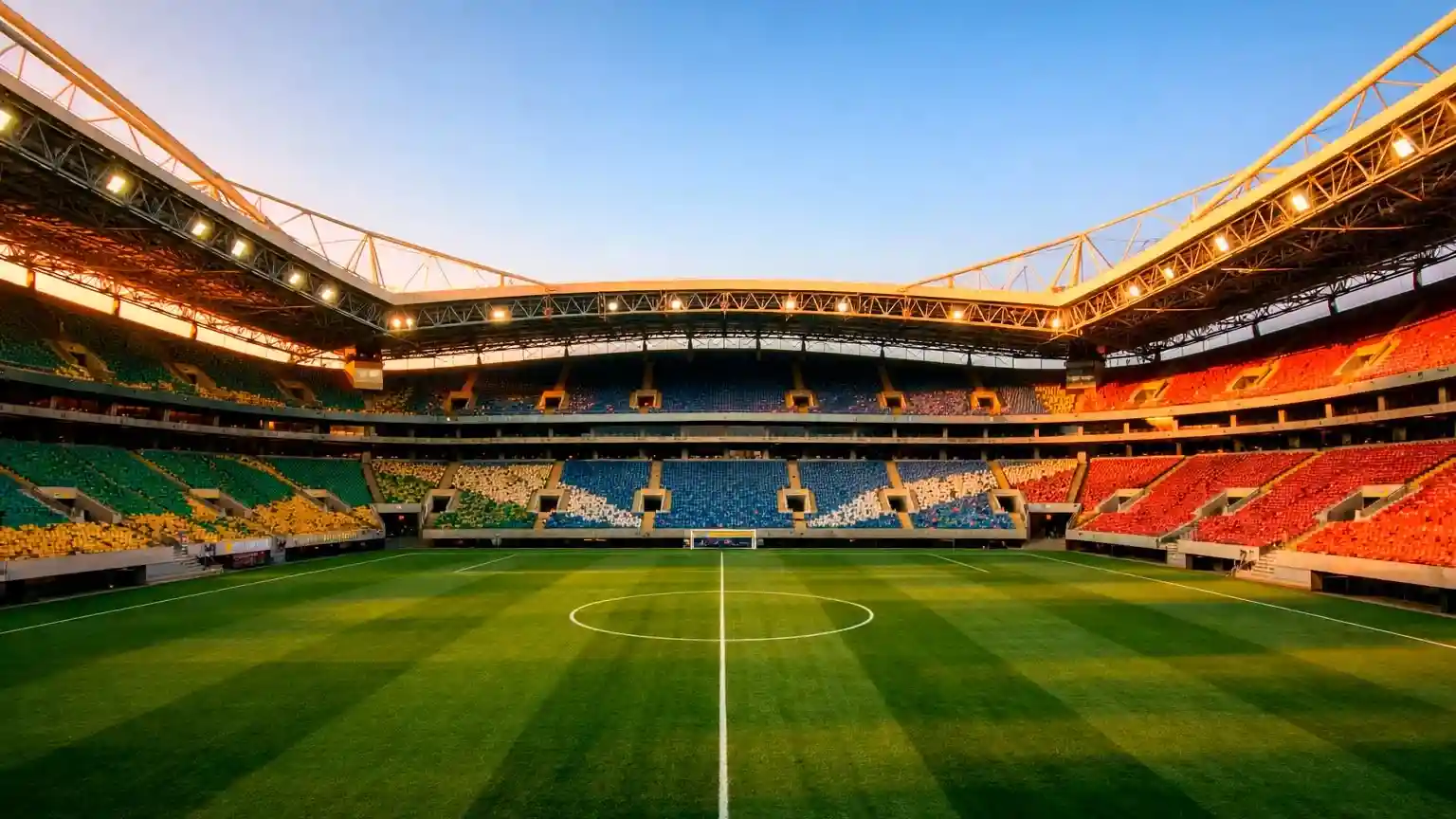 Estádio de futebol português com bancadas e relvado verde iluminado