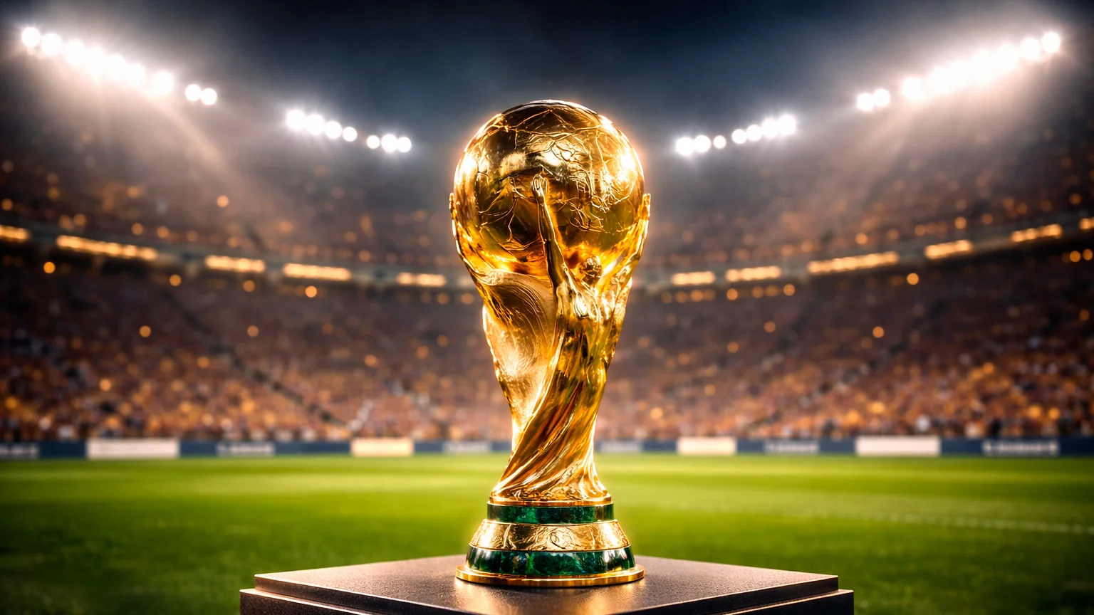 Troféu de campeão de futebol iluminado num estádio