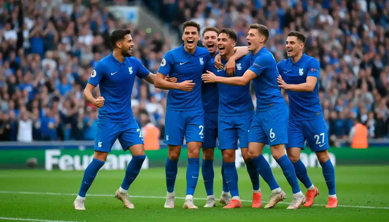 Jogador de futebol a celebrar golo com colegas de equipa