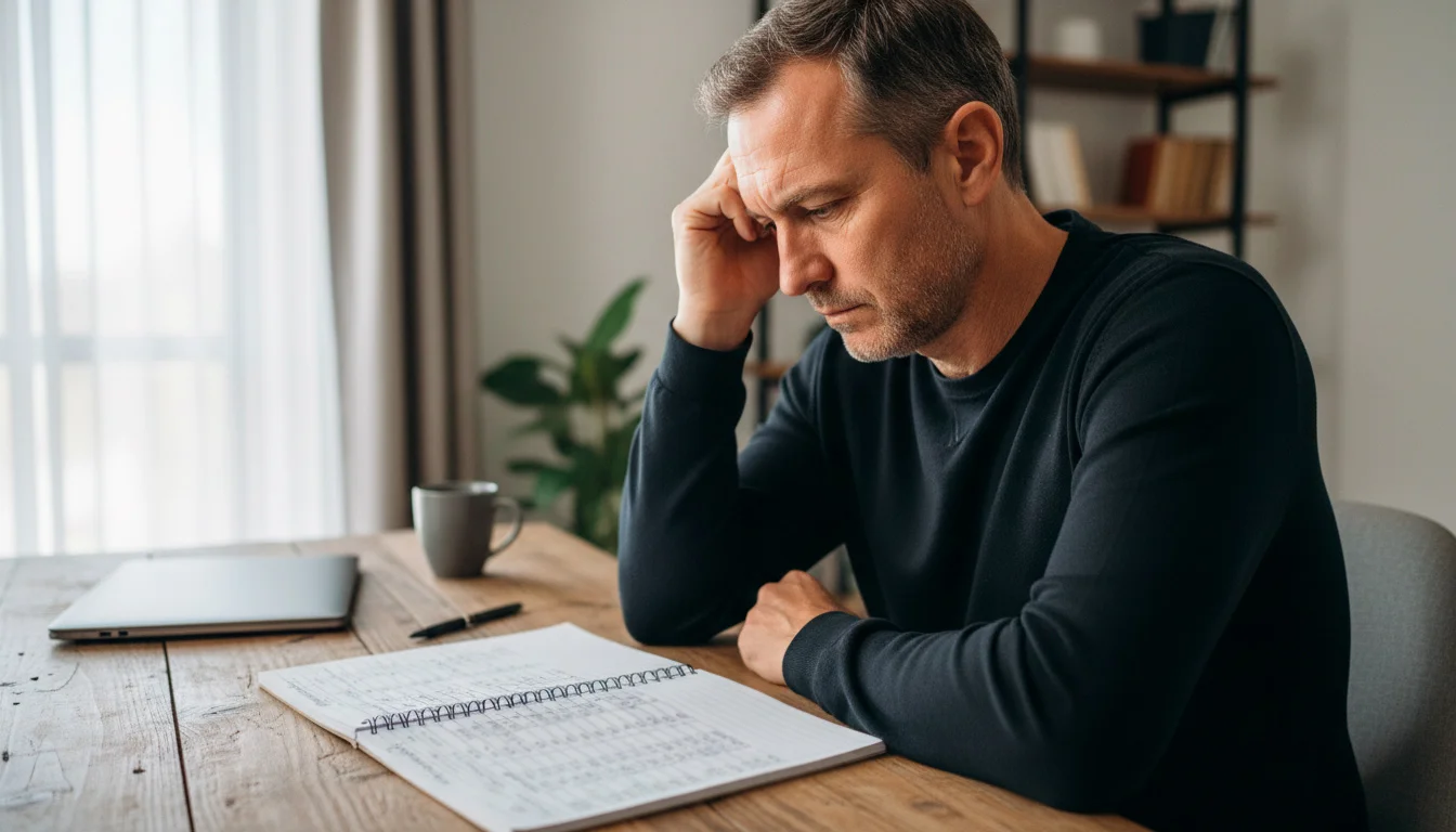 Homem preocupado a analisar números escritos num bloco de notas