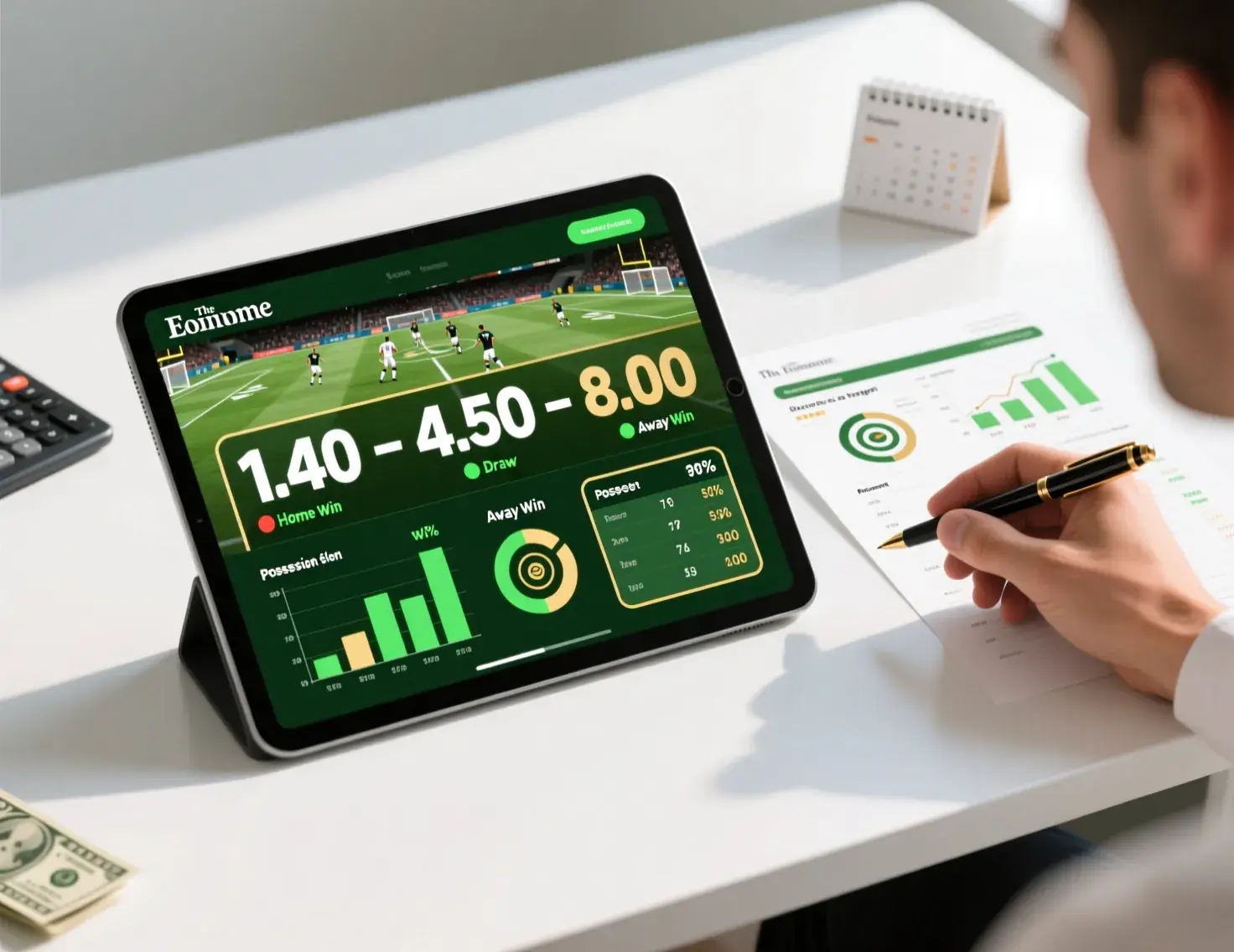 Tablet a mostrar odds de apostas de futebol com folha de análise estatística