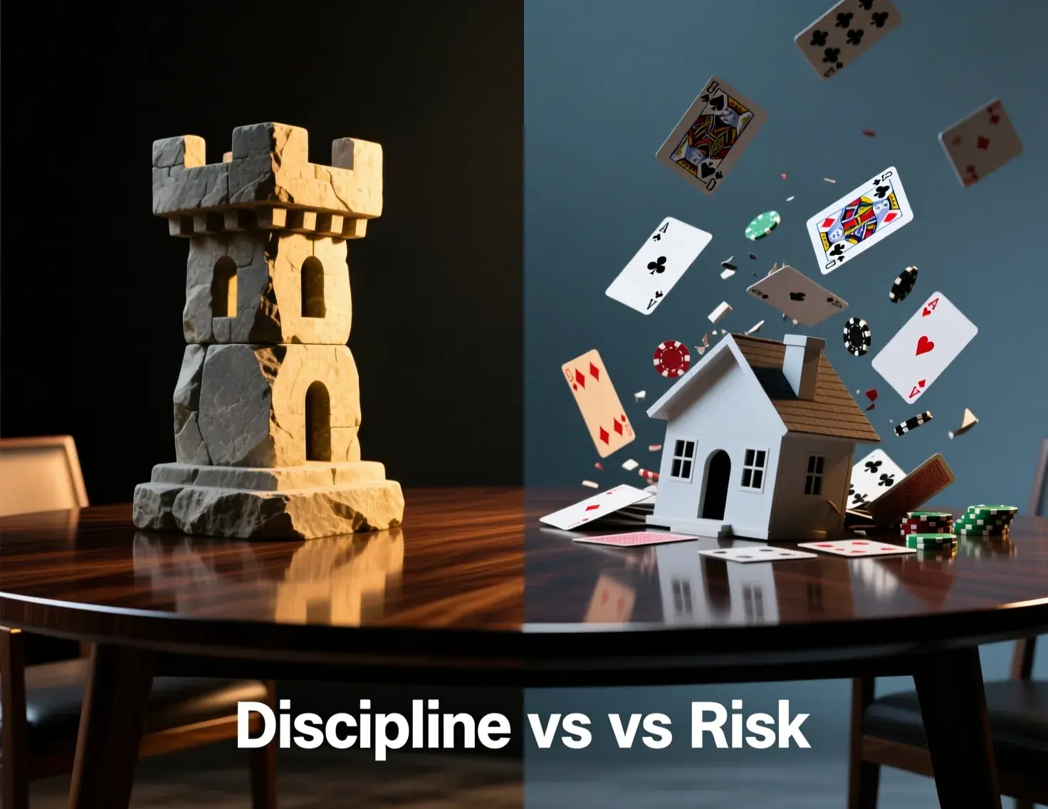 Comparação visual entre gestão de banca disciplinada e apostas sem controlo financeiro