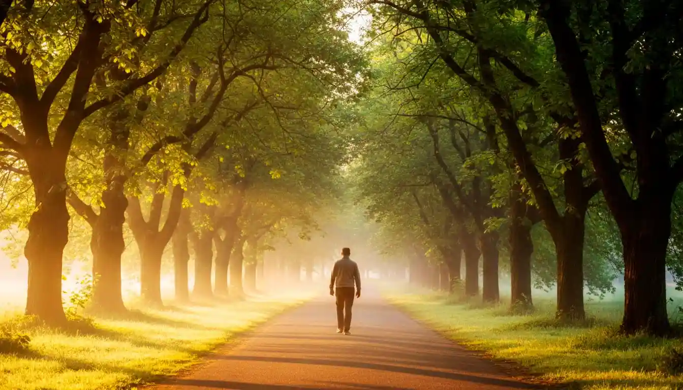 Pessoa a caminhar ao ar livre num parque ao amanhecer