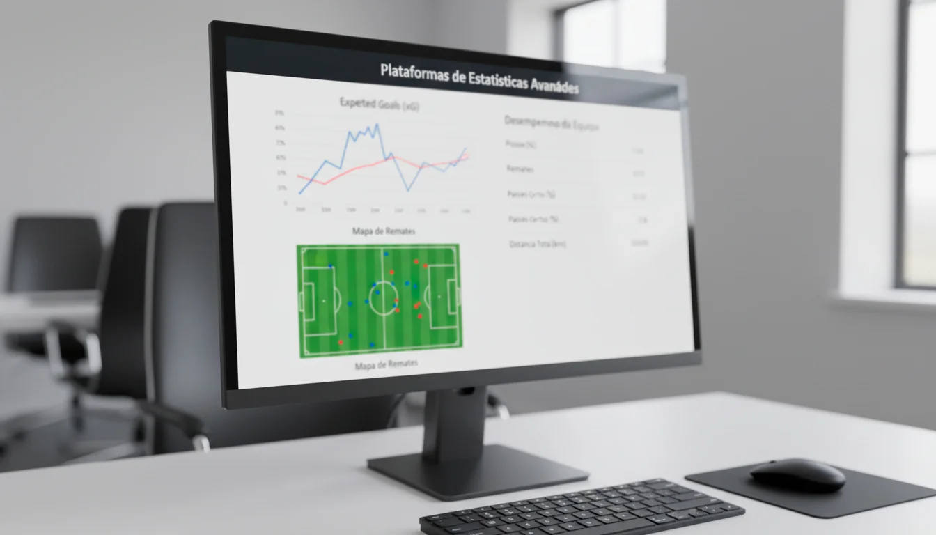 Ecrã de computador com gráficos de xG e métricas avançadas de futebol