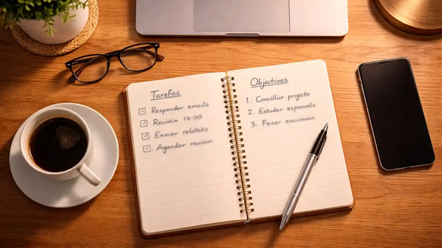 Mesa de trabalho organizada com caderno aberto e portátil