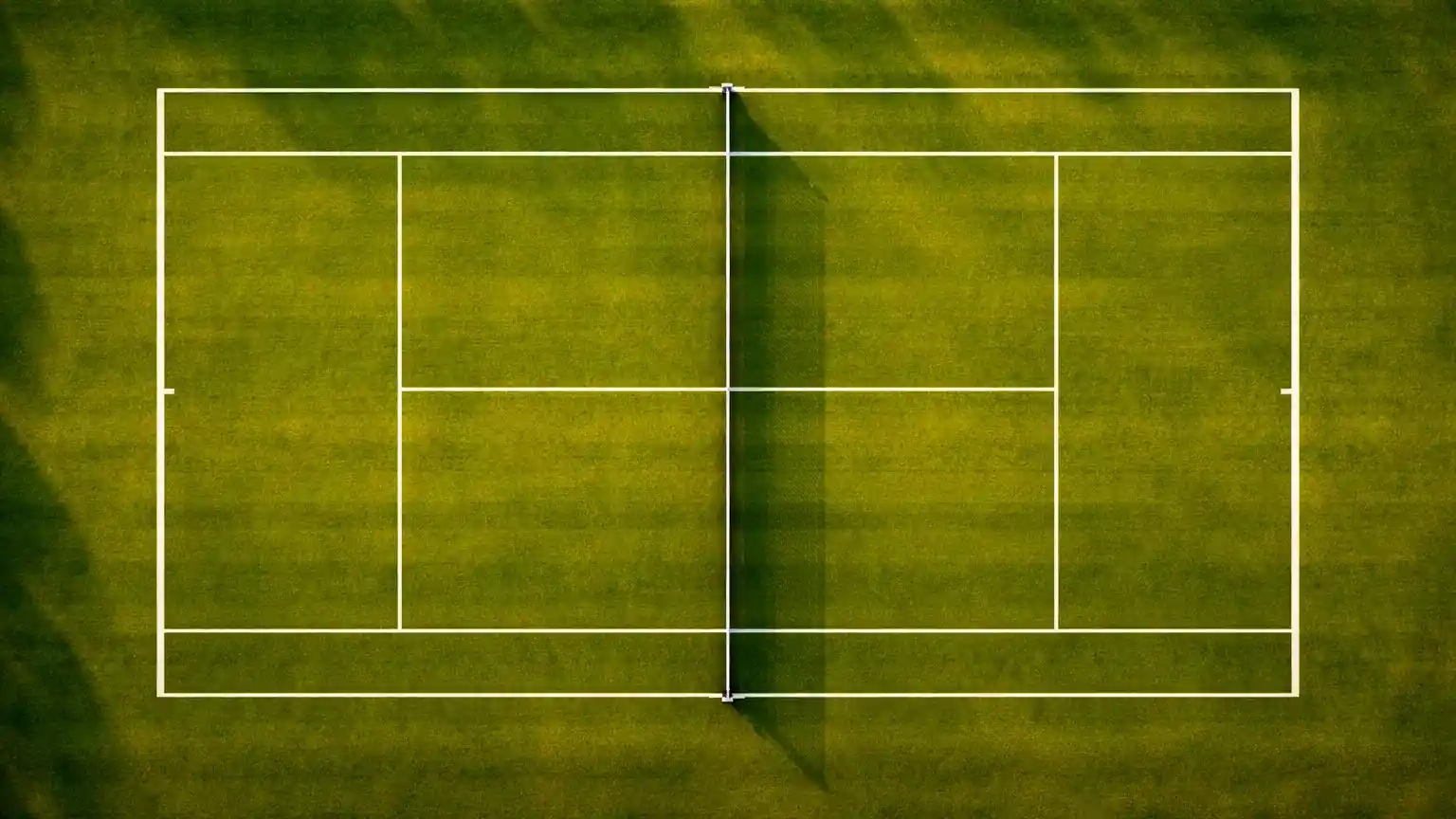 Vista aérea de um court de ténis de relva com linhas brancas