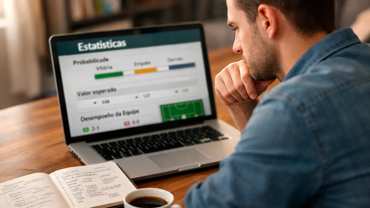 Apostador concentrado a analisar estatísticas desportivas num ambiente profissional