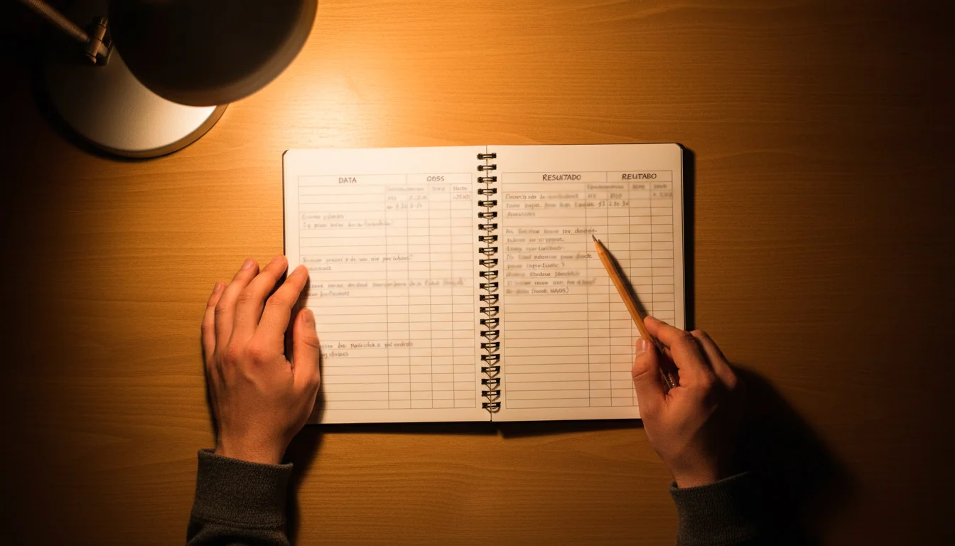 Pessoa a rever anotações num caderno com expressão pensativa