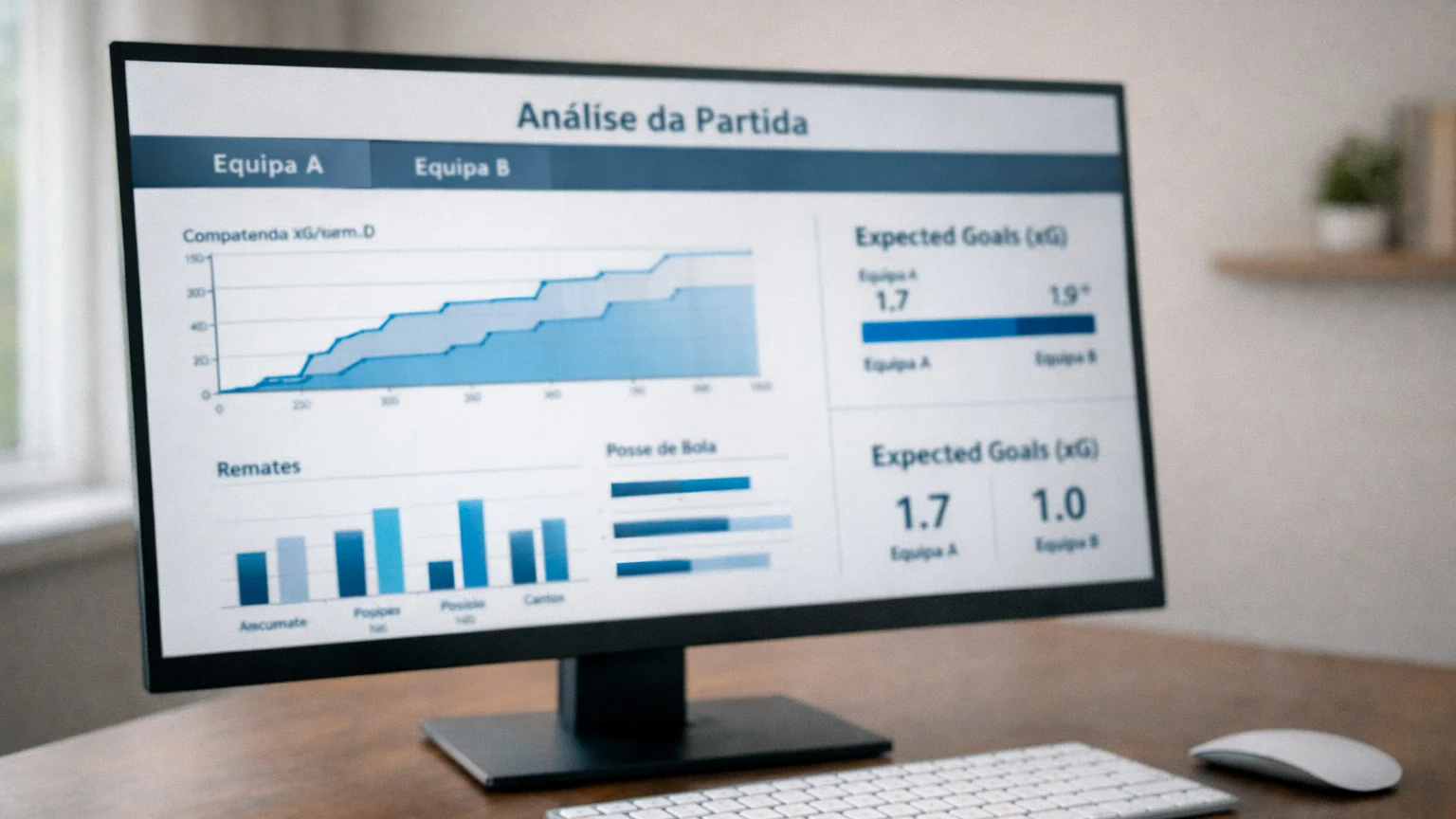 Ecrã de computador a mostrar estatísticas de futebol com gráficos e dados de análise